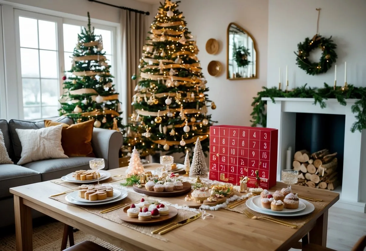 En hyggelig stue med et smukt dekoreret juletræ et bord dækket med gourmet treats og en håndlavet adventskalender til voksne